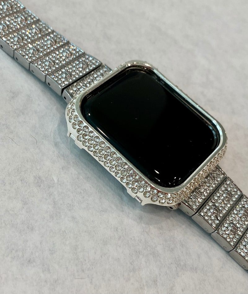 New Series 8 Apple Watch Band 41mm 45mm Silver Swarovski Crystals & or Apple Watch Case Cover Stainless Steel Bling Series 7