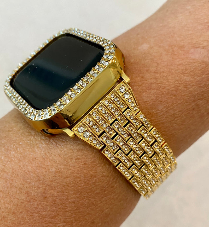Series 2-8 Apple Watch Band Gold Ultra 49mm Swarovski Crystals & or Lab Diamond Bezel Cover 38mm-45mm Smartwatch Bumper