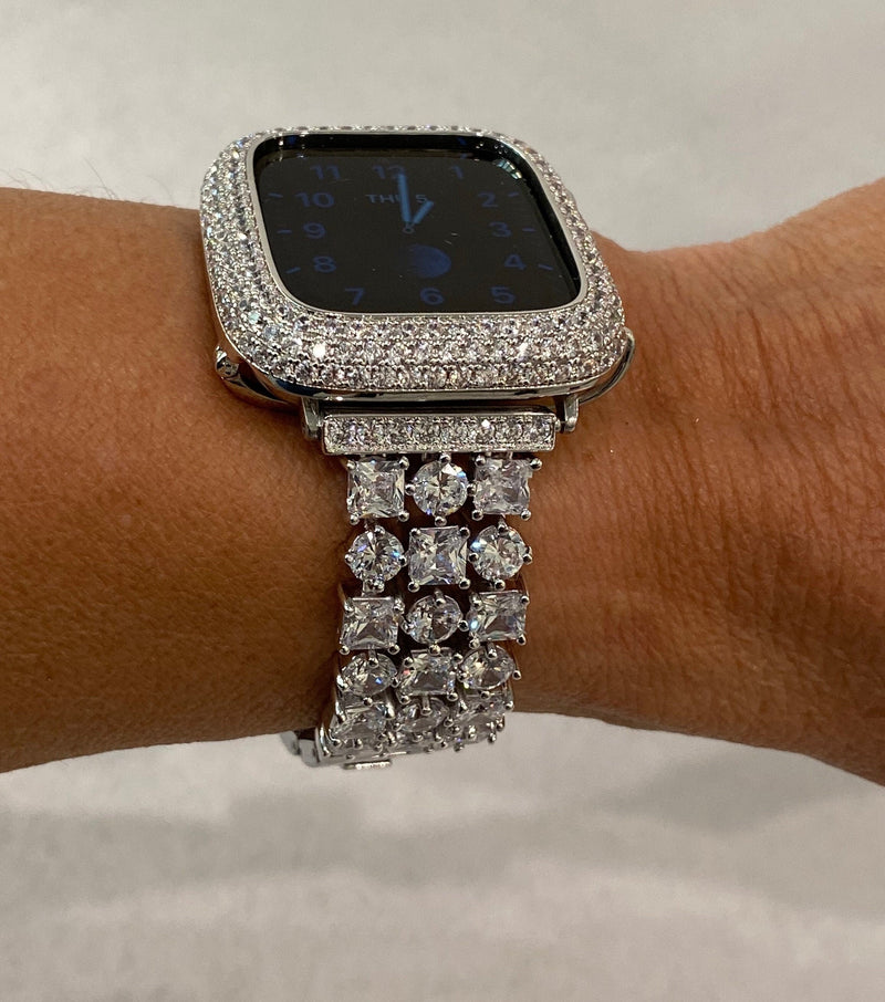 Series 7 Apple Watch Band Woman Silver and or Apple Watch Cover Lab Diamond Bezel Bling 38mm 40mm 41mm42mm 44mm 45mm