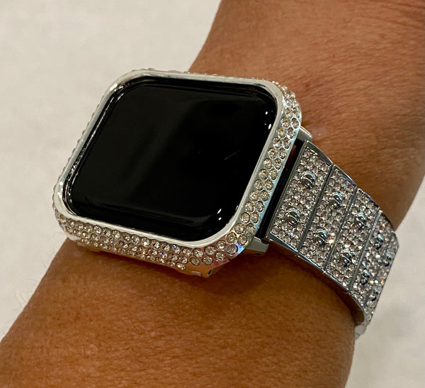 New Series 8 Apple Watch Band 41mm 45mm Silver Swarovski Crystals & or Apple Watch Case Cover Stainless Steel Bling Series 7