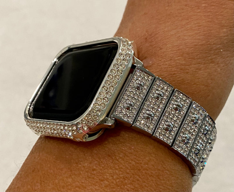 New Series 8 Apple Watch Band 41mm 45mm Silver Swarovski Crystals & or Apple Watch Case Cover Stainless Steel Bling Series 7