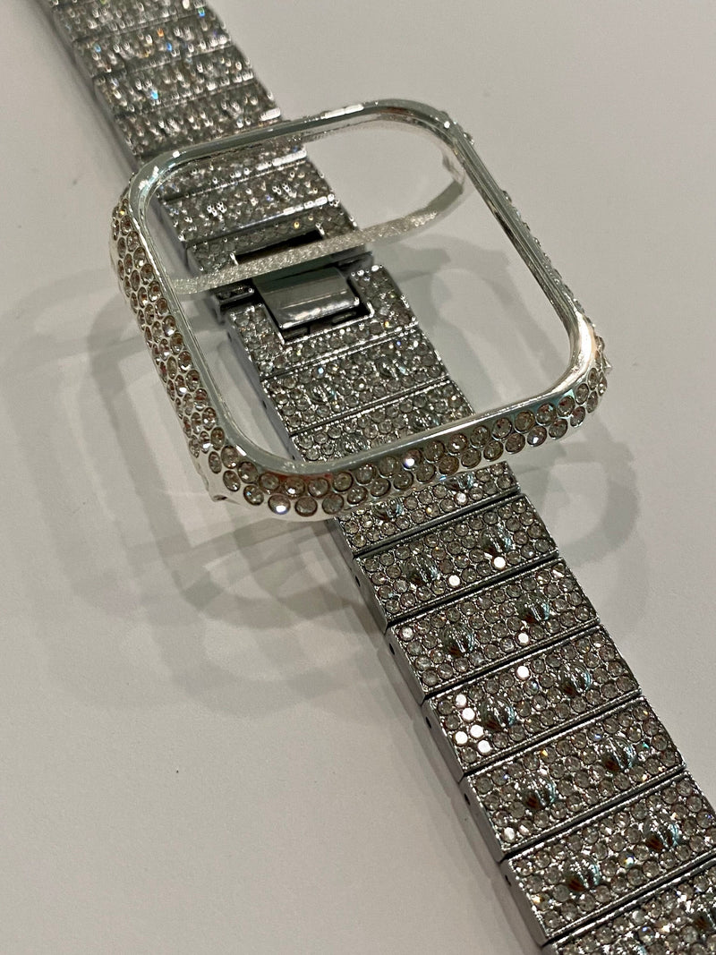 New Series 8 Apple Watch Band 41mm 45mm Silver Swarovski Crystals & or Apple Watch Case Cover Stainless Steel Bling Series 7