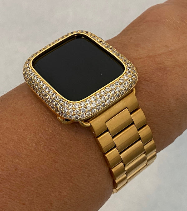 Luxury Apple Watch Band Mens Gold Rolex Style & or Apple Watch Cover set with Lab Diamonds in a protective Bumper Bezel Case that is 14k Gold Plated in sizes 38mm-49mm Ultra Series 1-8 SE from Iwatch Candy