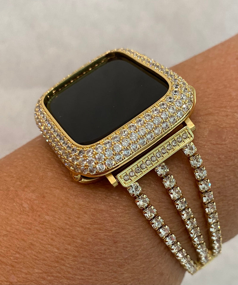 Luxury Gold Apple Watch Band Swarovski Crystals 38mm-49mm Ultra & or Apple Watch Cover Lab Diamond Bezel Smartwatch Bumper Bling Iwatch Candy