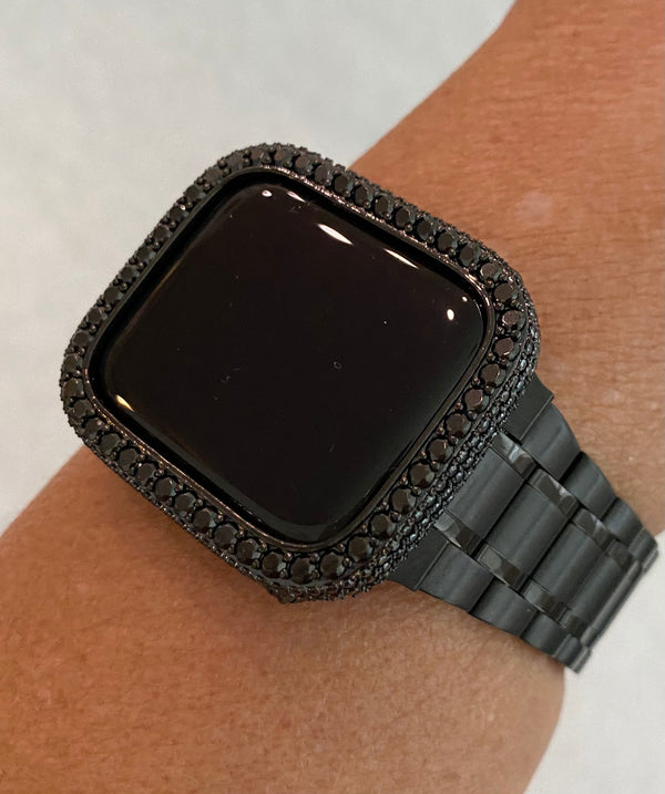 41mm 45mm Apple Watch Band Series 7-8 Stainless Steel & or Black on Black Lab Diamond Bezel Cover Iwatch Bumper Series 1-8 SE