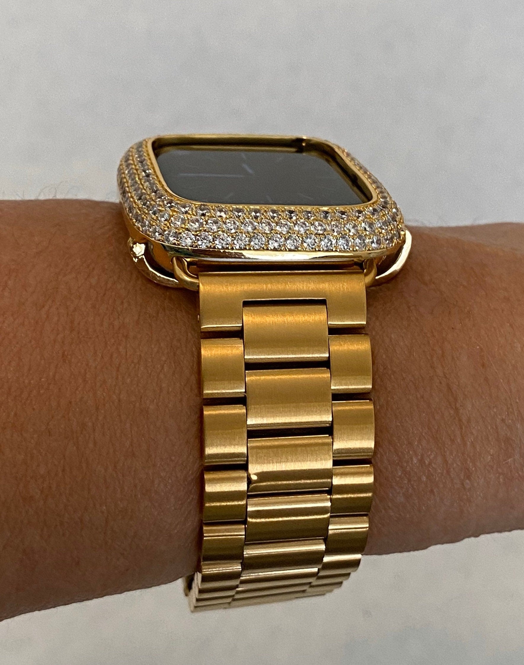 Apple Watch Band Mens Gold Stainless Style & or Apple Watch Cover Lab Diamond Bezel Case Smartwatch Bumper 38mm-49mm Ultra Series 1-8 SE