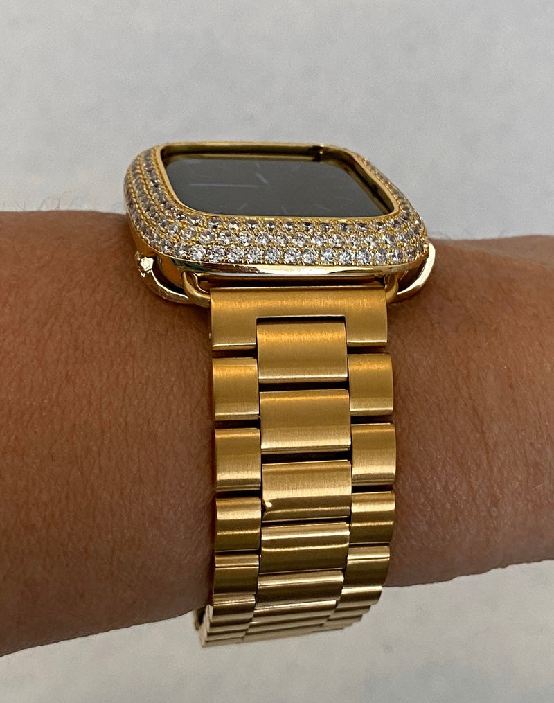 Custom Apple Watch Band Mens Gold Rolex Style & or Lab Diamond Bezel Cover Smartwatch Bumper 38mm-45mm Series 1-8 SE