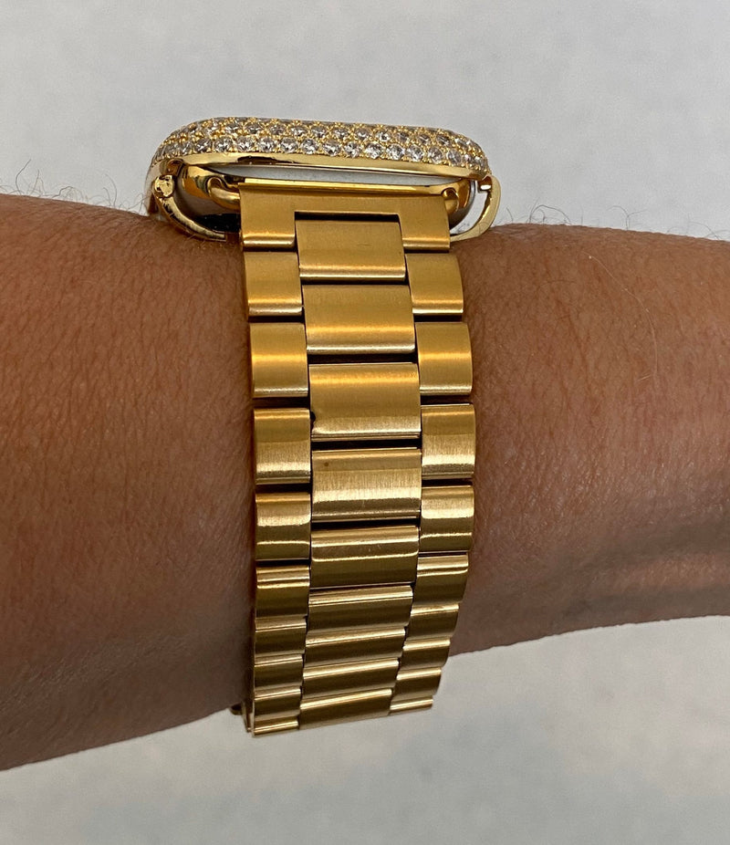 Custom Apple Watch Band Mens Gold Rolex Style & or Lab Diamond Bezel Cover Smartwatch Bumper 38mm-45mm Series 1-8 SE