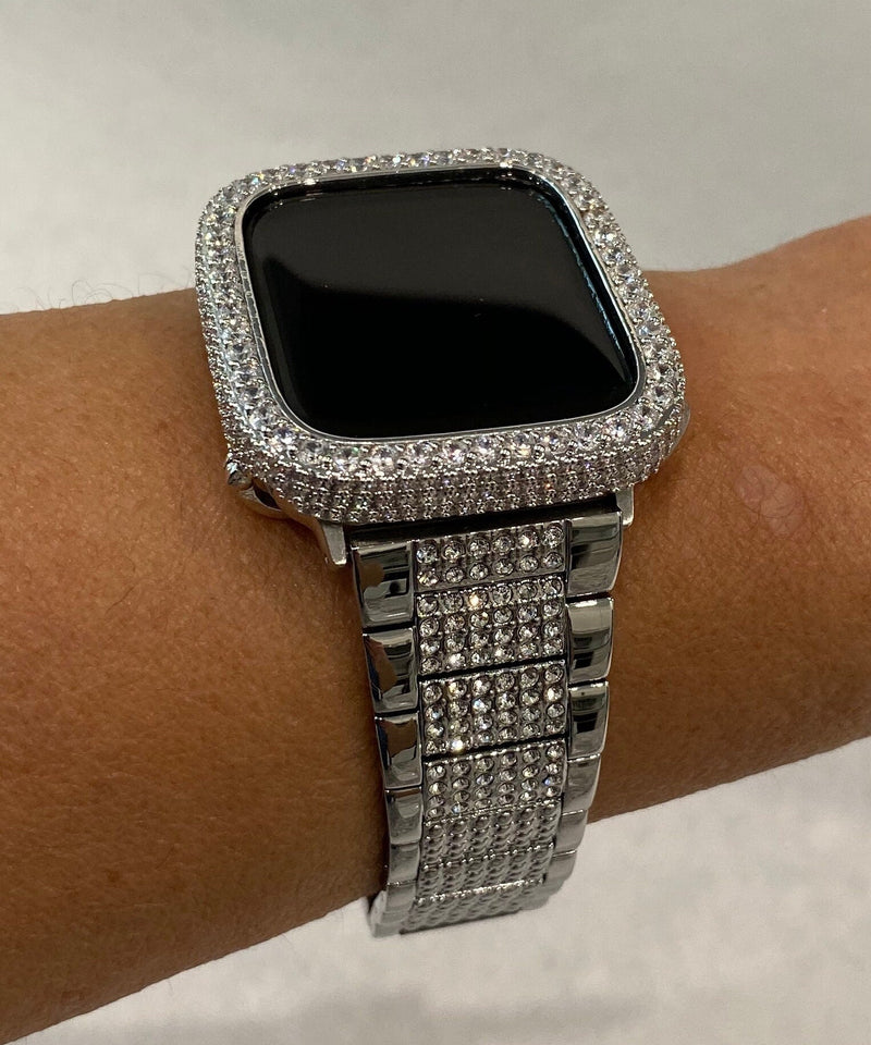 Series 8 Apple Watch Band Series 41mm 45mm Silver Swarovski Crystals & or Lab Diamond Bezel Cover Smartwatch Bumper Bling 38 40 42 44mm