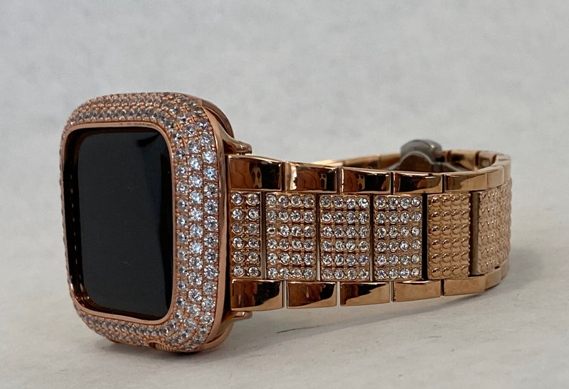 Apple Watch Band 41mm 45mm Series 1-8 SE Woman Rose Gold Swarovski Crystals & or Lab Diamond Bezel Cover 38mm 42mm 44mm