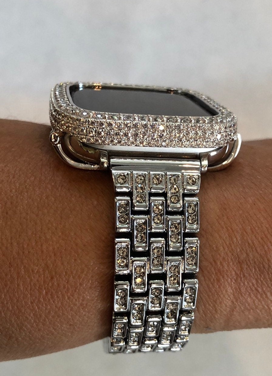 Series 9 Silver Apple Watch Band Crystals 38mm-45mm & or 2.5mm Lab Diamond Bezel Cover, Smartwatch Bumper Bling