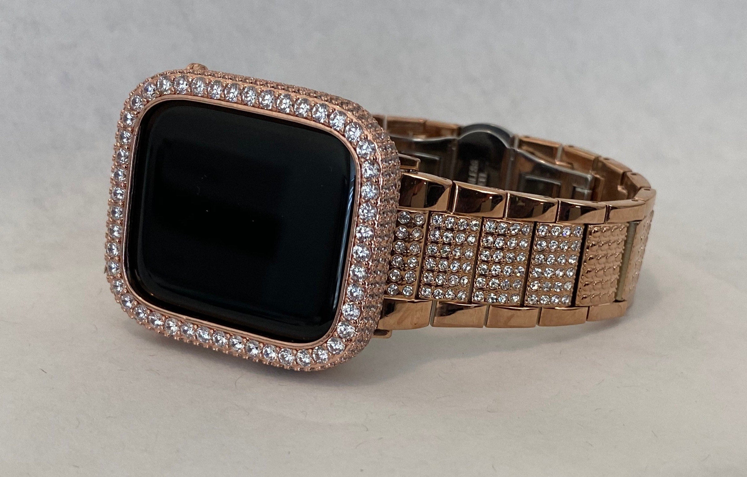 Rose Gold Apple Watch Band Stainless Steel Swarovski Crystal & or Apple Watch Case Lab Diamond Iphone Watch Cover 38mm-49mm Ultra Bling Band