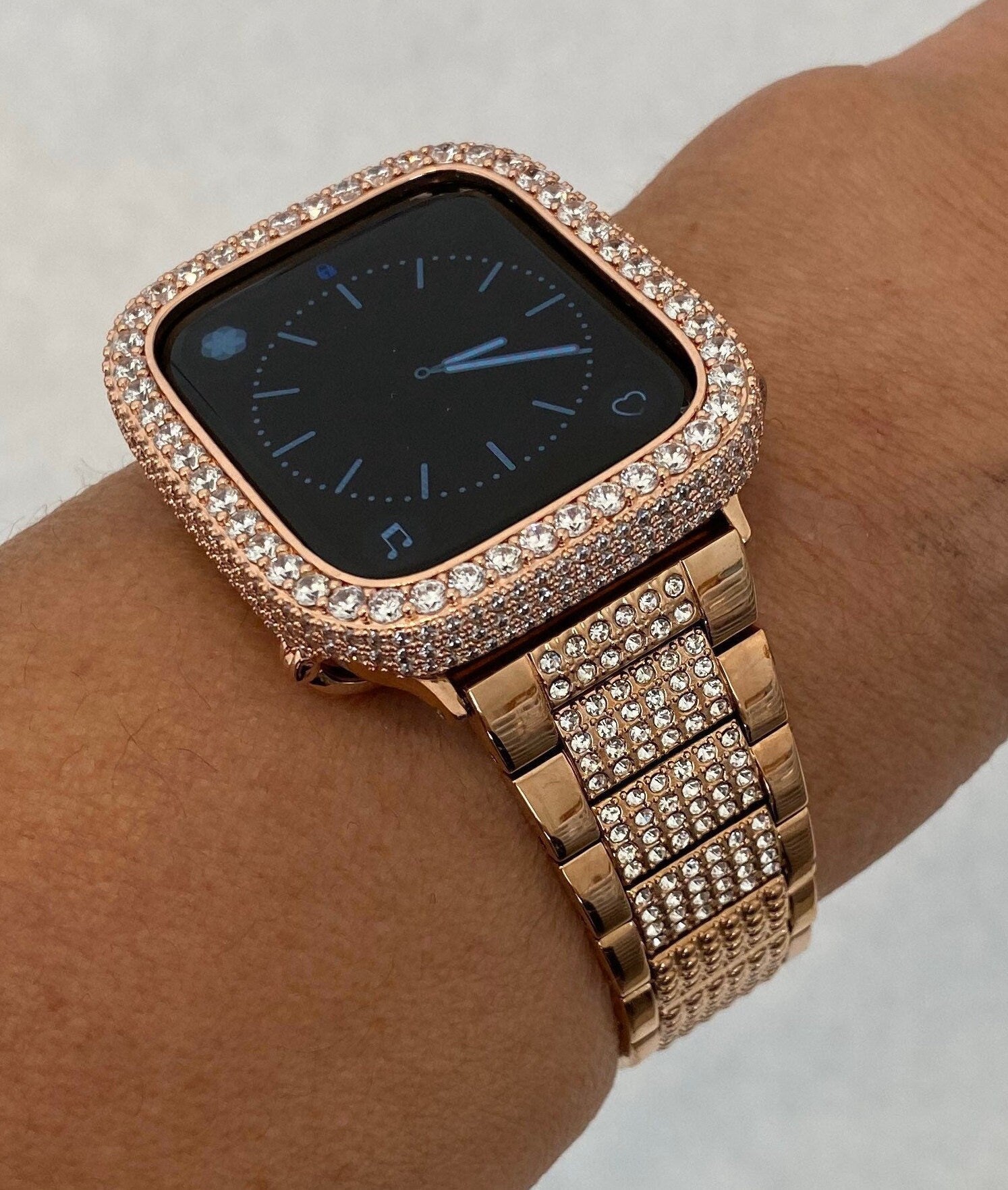 Rose Gold Apple Watch Band Stainless Steel Swarovski Crystal & or Apple Watch Case Lab Diamond Iphone Watch Cover 38mm-49mm Ultra Bling Band