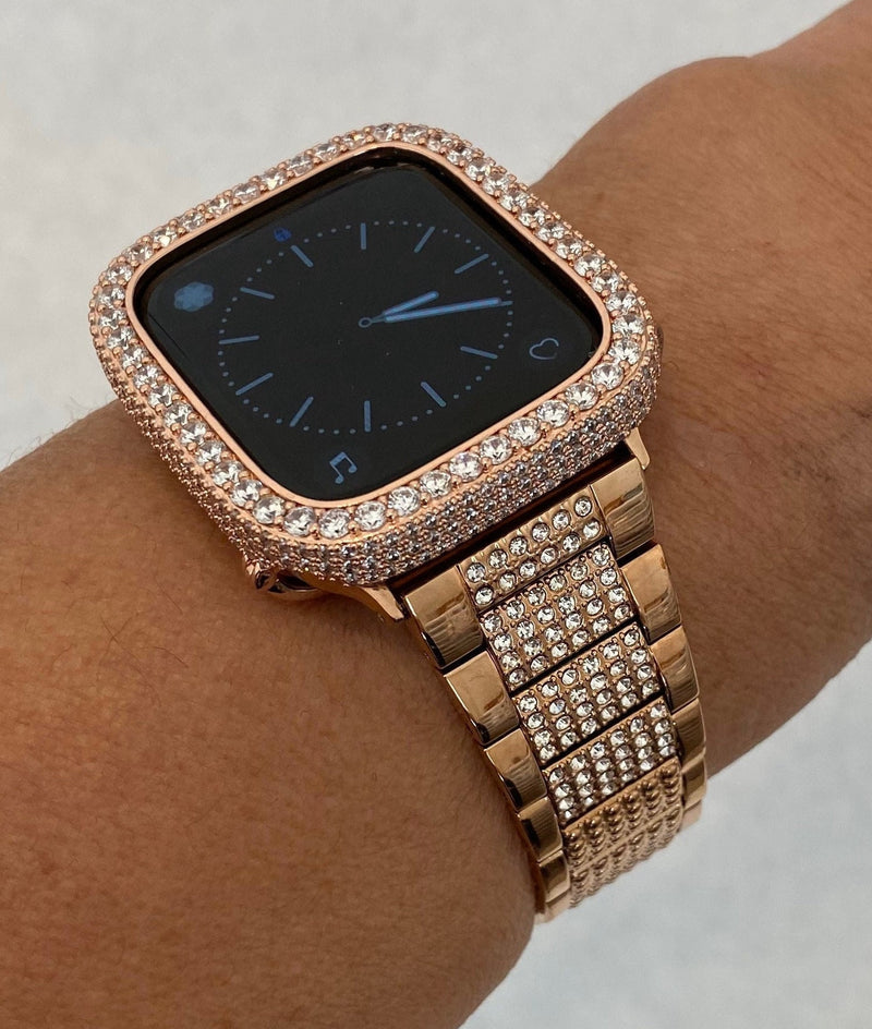 41mm 45mm Apple Watch Band Women Rose Gold 38mm 40mm 42mm 44mm Lab Diamond Bezel Cover Iwatch Bling