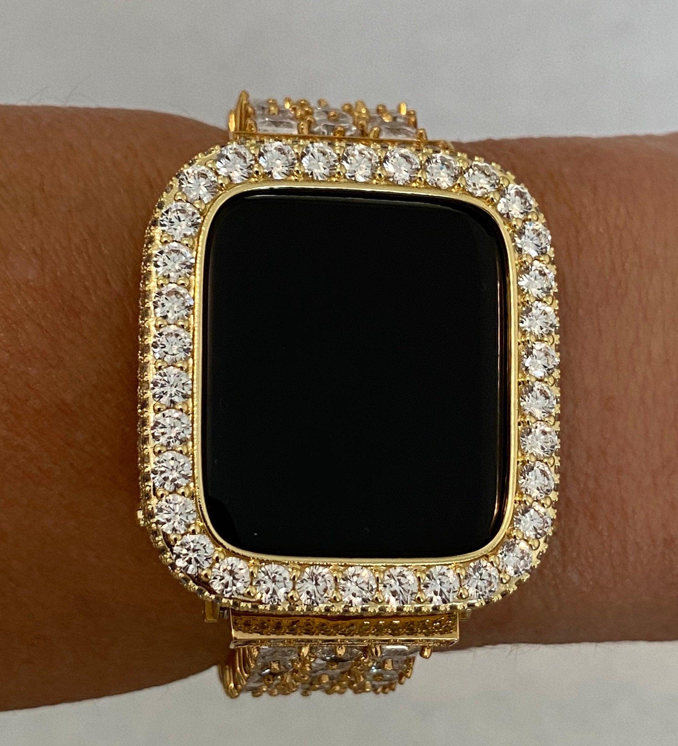 Series 1-8 Apple Watch Band Bezel Cover 41mm 45mm Gold 3.5mm Lab Diamond Case Bumper Smartwatch Bling 38mm-45mm