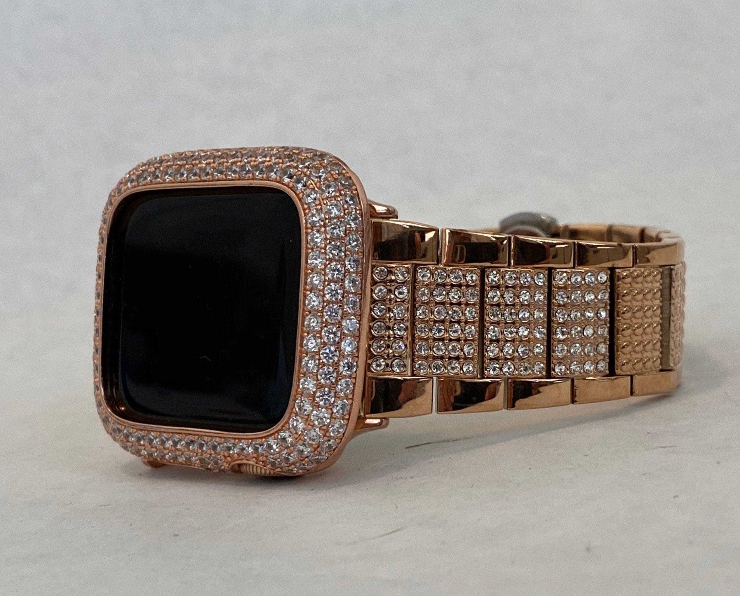 Apple Watch Band 41mm 45mm 49mm Ultra Woman Rose Gold Swarovski Crystals & or Apple Watch Cover Lab Diamond Bezel Cover 38mm 42mm 44mm Bling