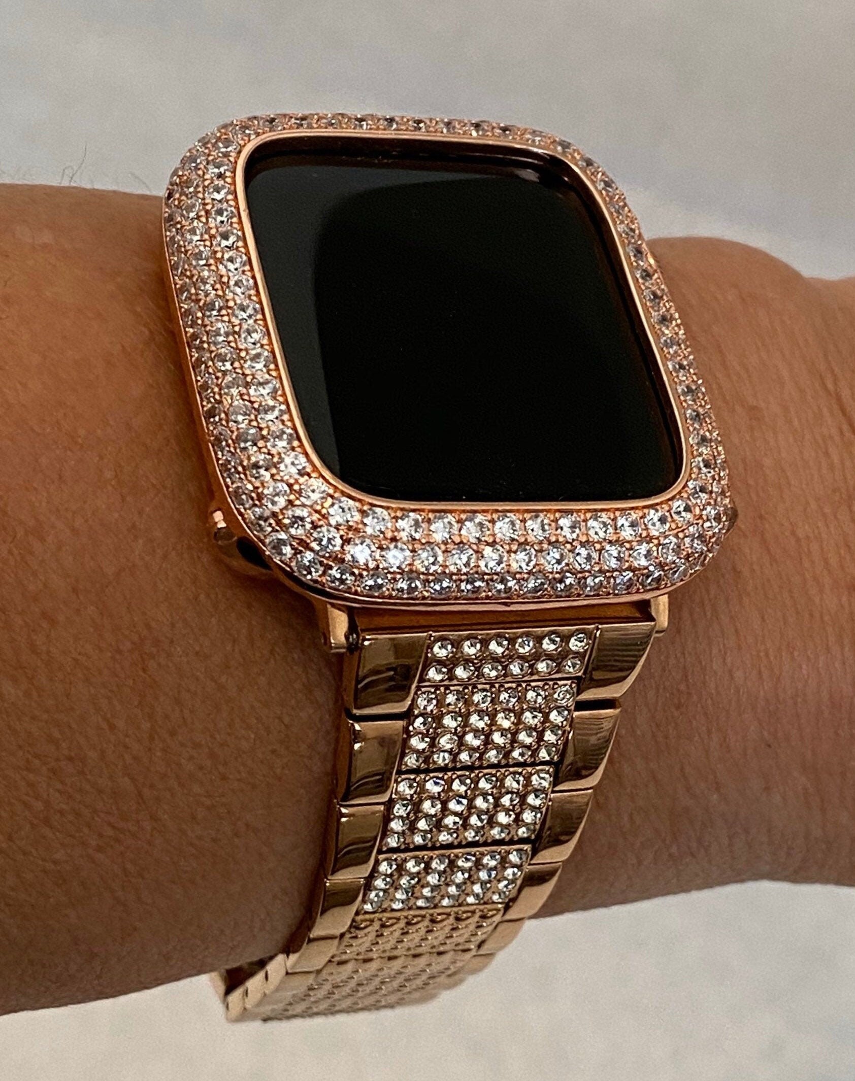 Apple Watch Band 41mm 45mm 49mm Ultra Woman Rose Gold Swarovski Crystals & or Apple Watch Cover Lab Diamond Bezel Cover 38mm 42mm 44mm Bling