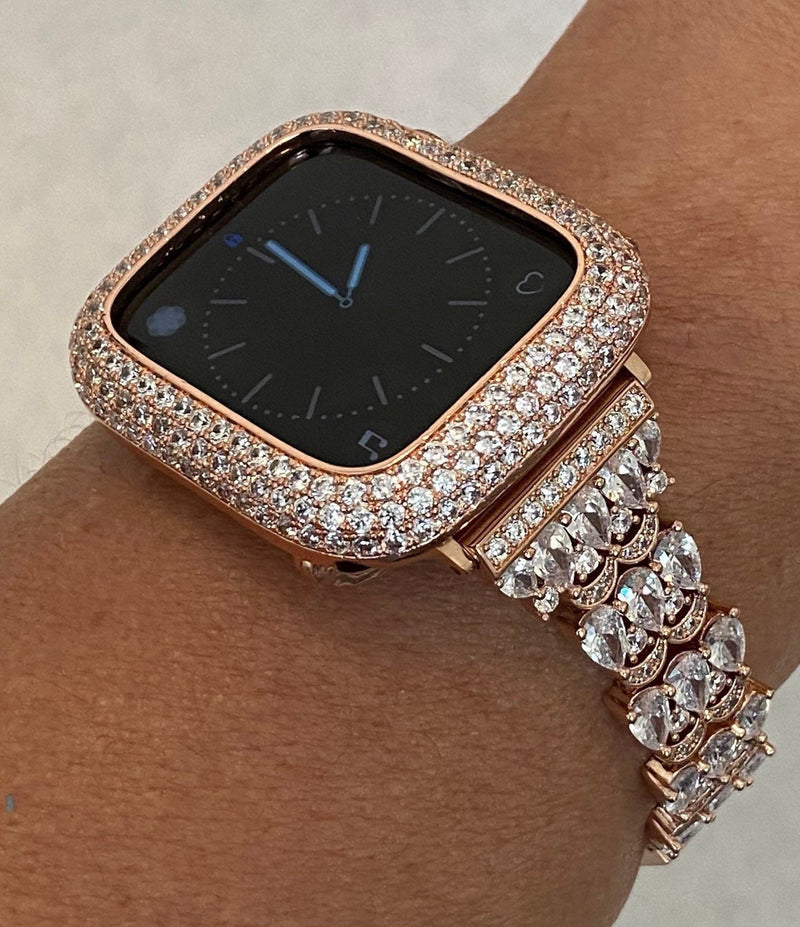 Series 7-8 41mm 45mm Apple Watch Band Rose Gold Swarovski Crystals & or Lab Diamond Bezel Cover Smartwatch Bumper Case 38-45mm S1-7