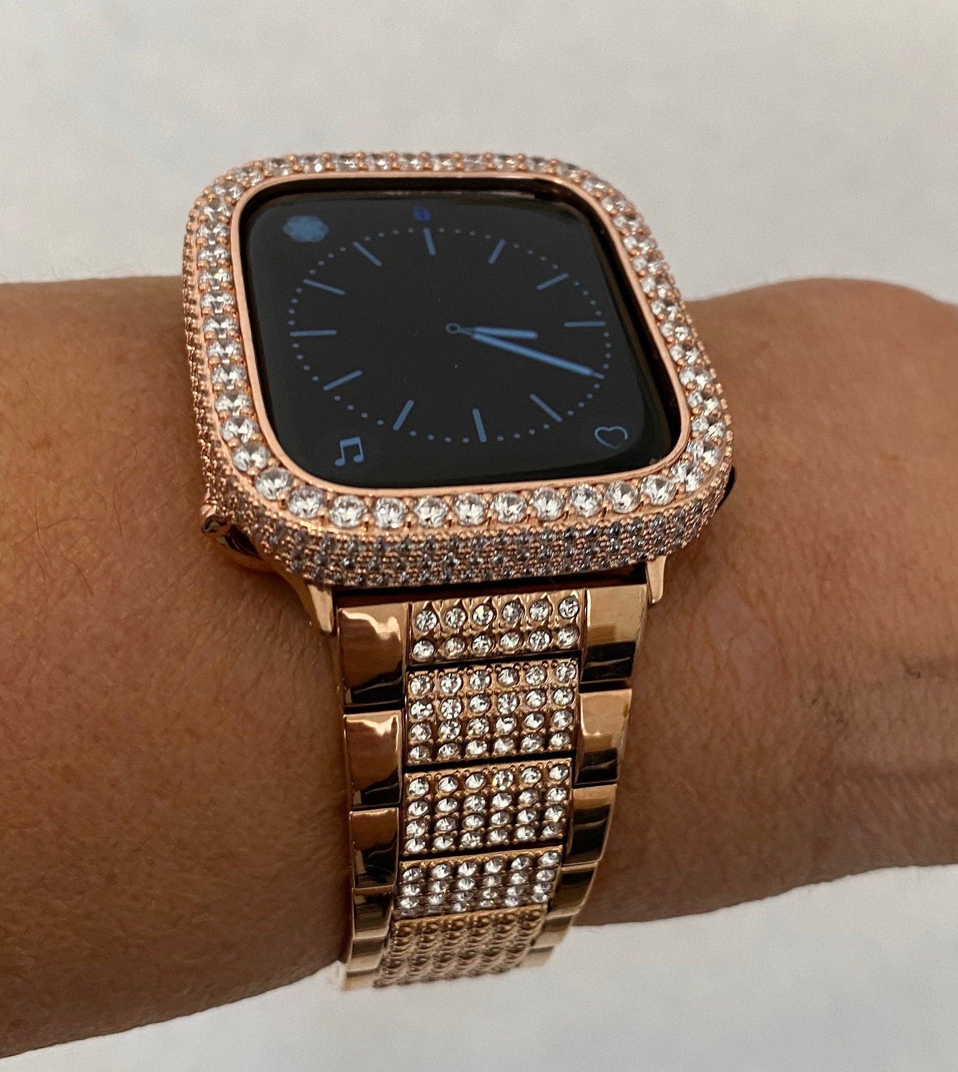 Rose Gold Apple Watch Band Stainless Steel Swarovski Crystal & or Apple Watch Case Lab Diamond Iphone Watch Cover 38mm-49mm Ultra Bling Band