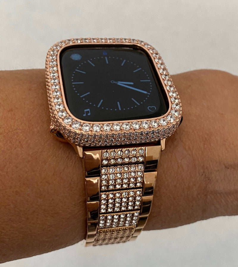 41mm 45mm Apple Watch Band Women Rose Gold 38mm 40mm 42mm 44mm Lab Diamond Bezel Cover Iwatch Bling