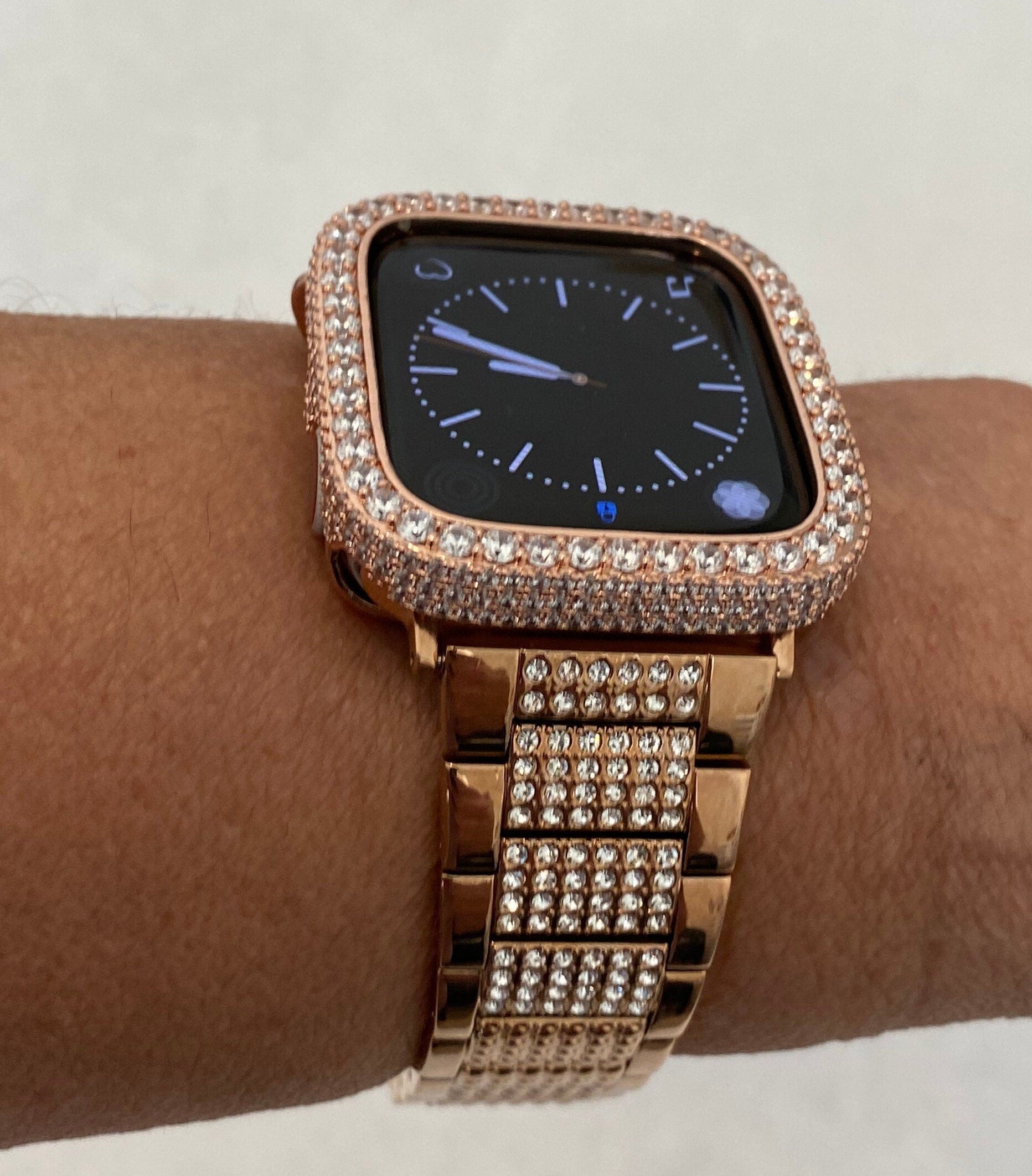 Rose Gold Apple Watch Band Stainless Steel Swarovski Crystal & or Apple Watch Case Lab Diamond Iphone Watch Cover 38mm-49mm Ultra Bling Band