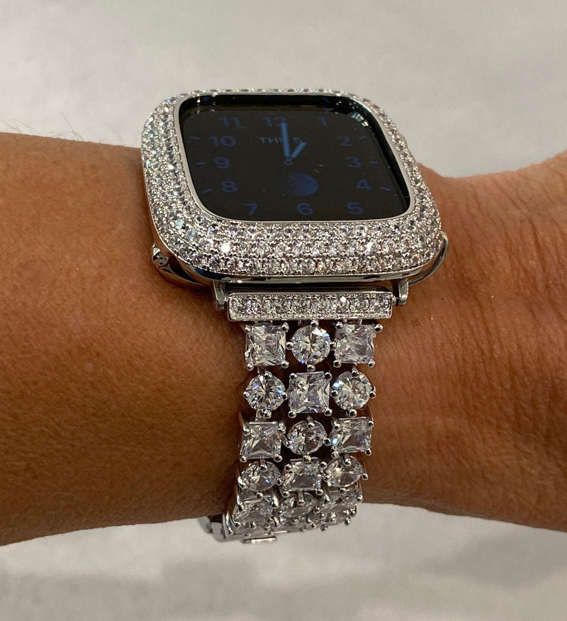 Series 1-8 Apple Watch Band 41mm 45mm Swarovski Crystals & or Lab Diamond Bezel Case Bumper for Smartwatch Bling Silver