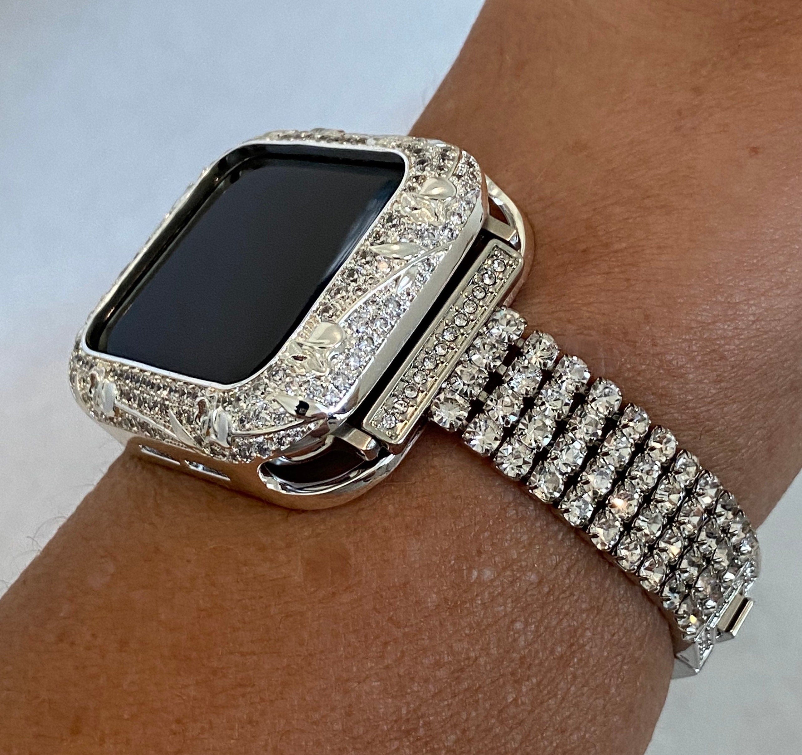 Series 2-8 Apple Watch Band Women Swarovski Crystals Silver & or Apple Watch Case for Iphone Watch 38mm-45mm Smartwatch Bumper Case Bling