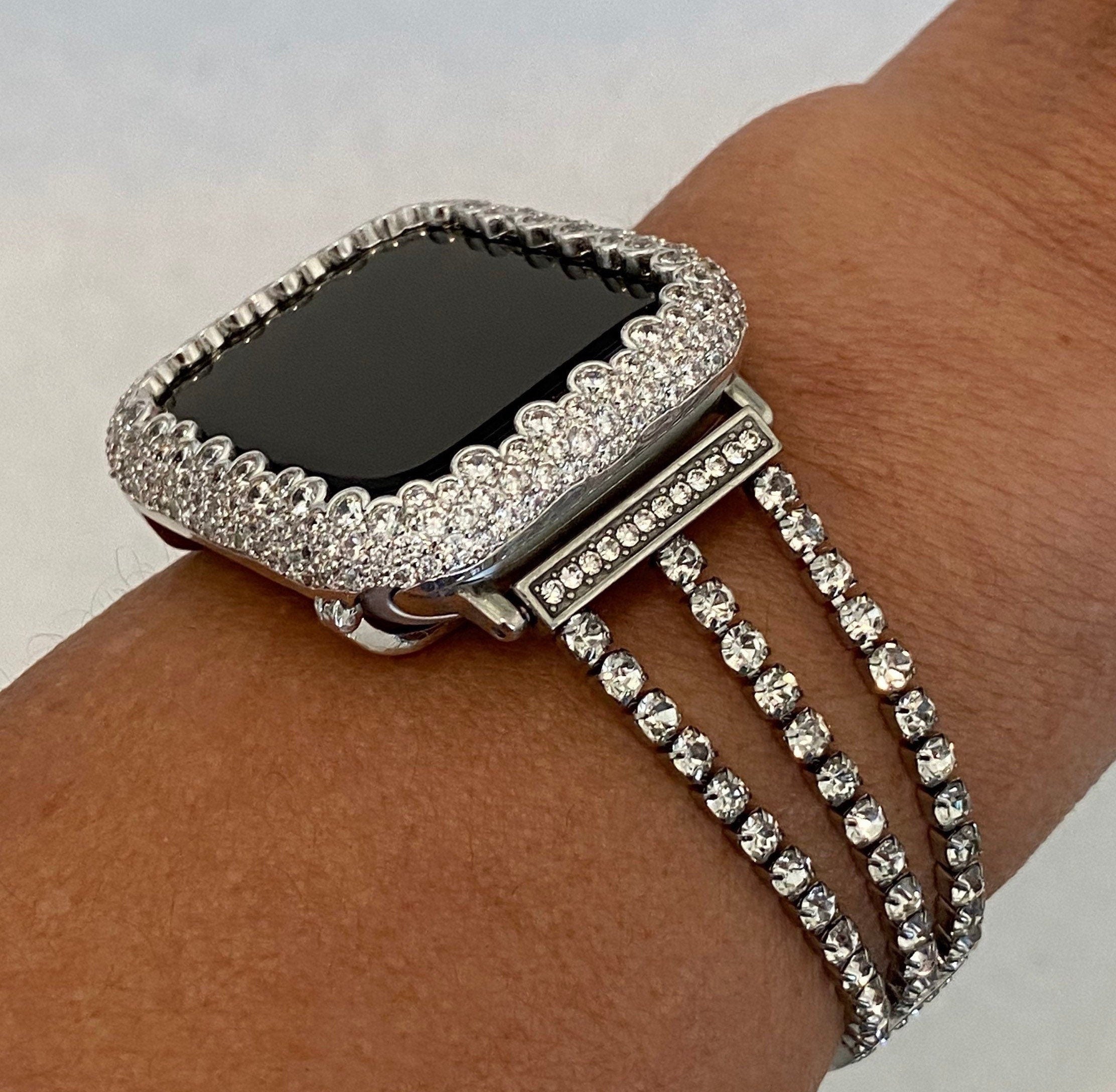 Womens Apple Watch Band Bracelet Silver with Swarovski Crystals 49mm Ultra & or Apple Watch Cover Lab Diamonds set in 14k White Gold Plating, Protective Bumper Style from Iwatch Candy in Sizes 38mm-45mm