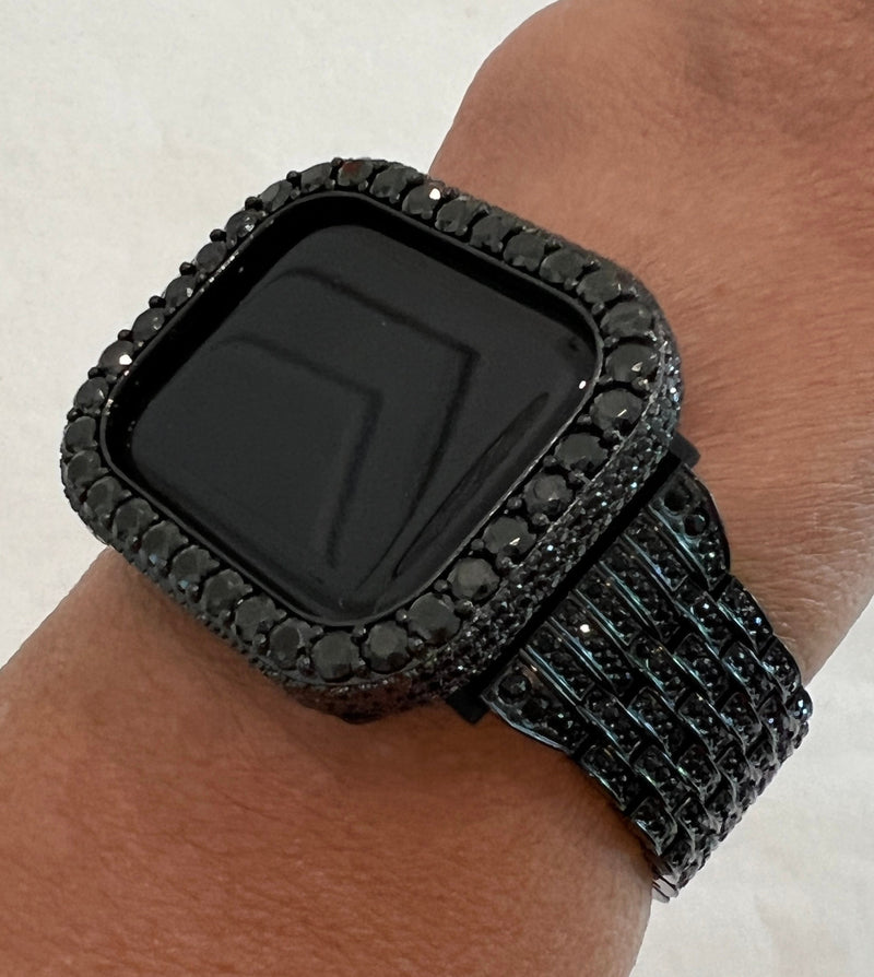 Black on Black Apple Watch Band 41mm 45mm Stainless Steel and or 3.5mm Lab Diamonds Bezel Cover Smartwatch Bling 38 40 42 44mm