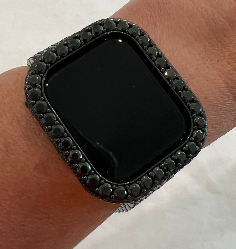 Series 1-8 Black Apple Watch Band 41mm 45mm Stainless Steel Ultra Thin & or 3.5mm Lab Diamond Bezel Bumper Cover Bling