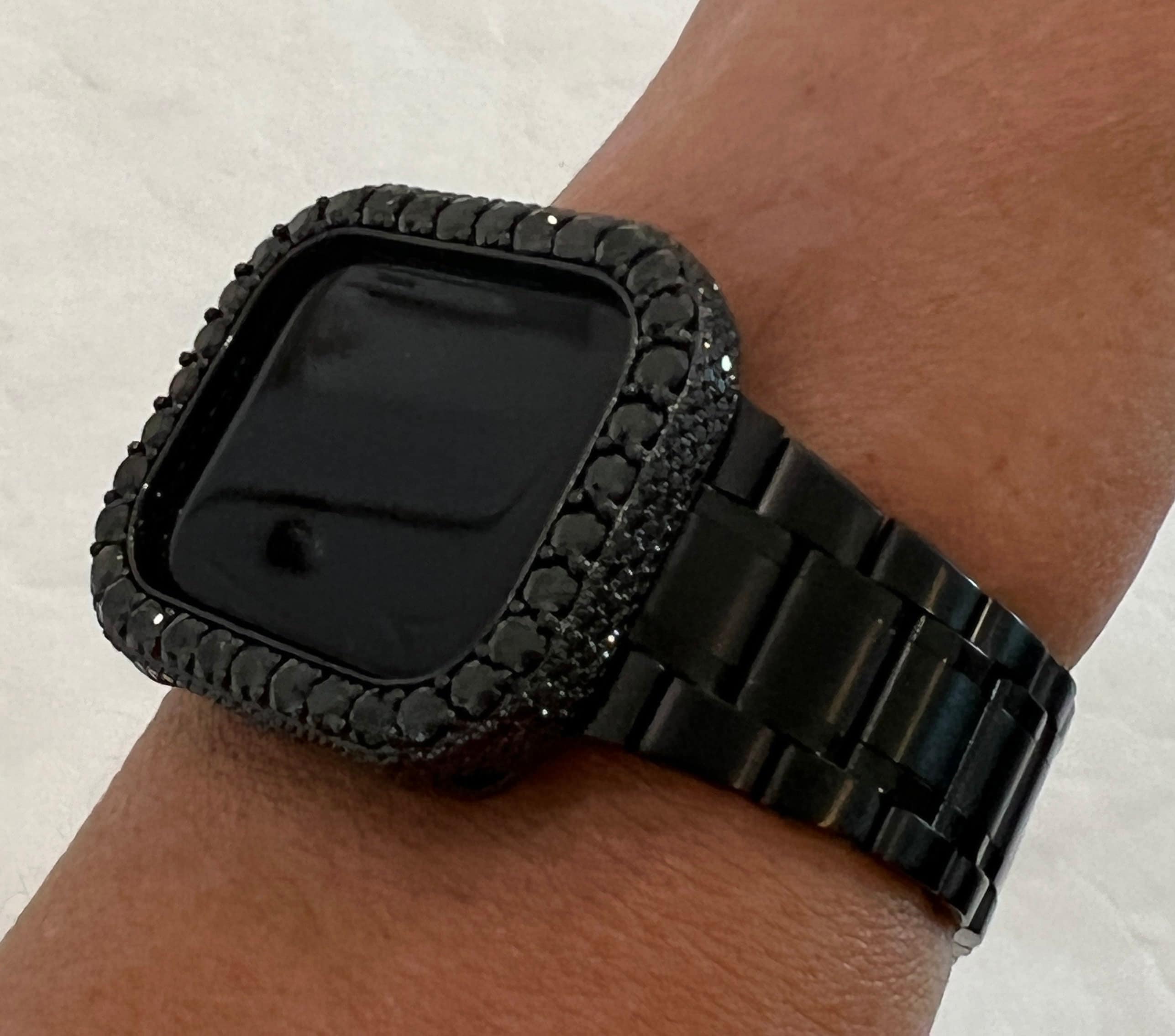 Series 2-9 Black Apple Watch Band Mens Womens 41mm 45mm Stainless Steel Ultra Thin & or Apple Watch Case 3.5mm Lab Diamond Bezel Cover Bling