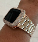 Apple Watch Band 41mm 44mm Rose Gold Stainless Steel Ultra Thin & or Lab Diamond Bezel Cover Bling for Smartwatch 38-45mm Series 1-8
