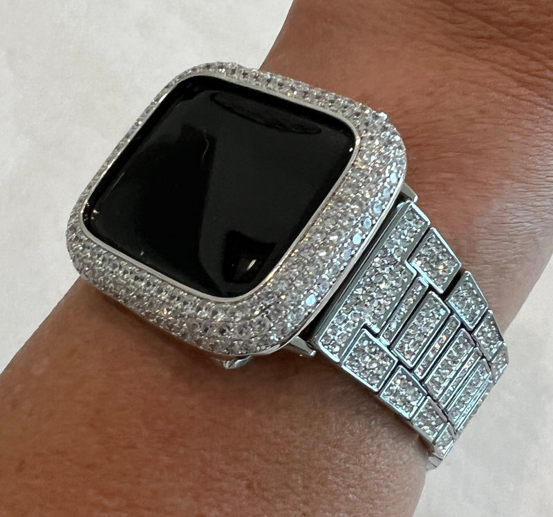 Pave Apple Watch Band Women 38 40 41 42 44 45 49mm Ultra Silver & or Apple Watch Cover Lab Diamond Bezel Apple Watch Case Bling Series 2-9