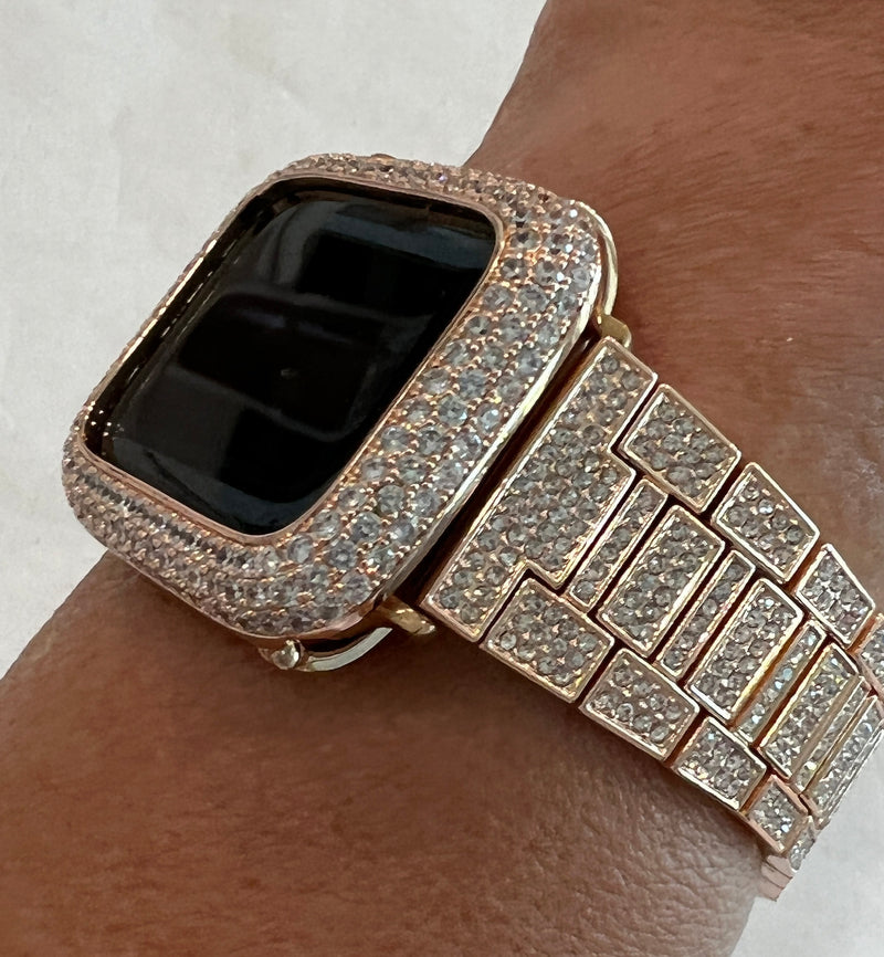 Pave Apple Watch Band 38 40 41 42 44 45mm Rose Gold & or Lab Diamond Bezel Cover Smartwatch Case Bling Series 1-8 SE