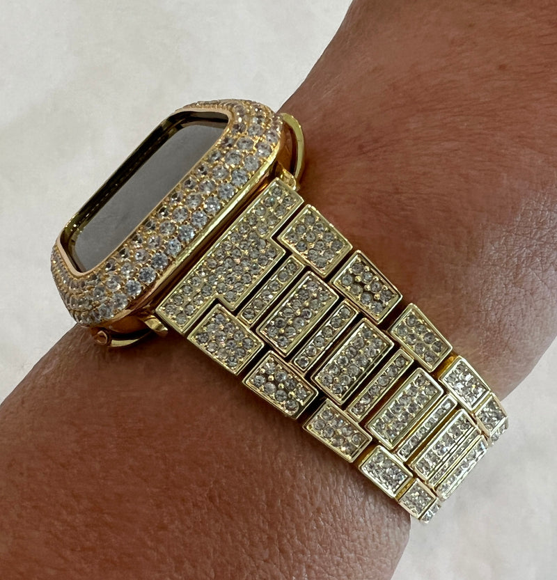 Series 1-8 Pave Apple Watch Band 38 40 41 42 44 45mm Gold & or Lab Diamond Bezel Cover Smartwatch Case Bling