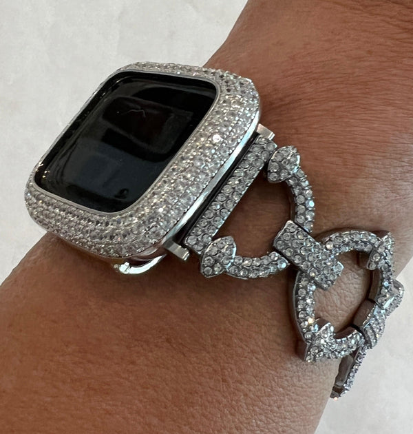 Luxury Pave Apple Watch Band Women 38 40 41 42 44 45 49mm Ultra Silver Swarovski Crystal & or Apple Watch Cover Lab Diamond Bezel Case Iwatch Candy