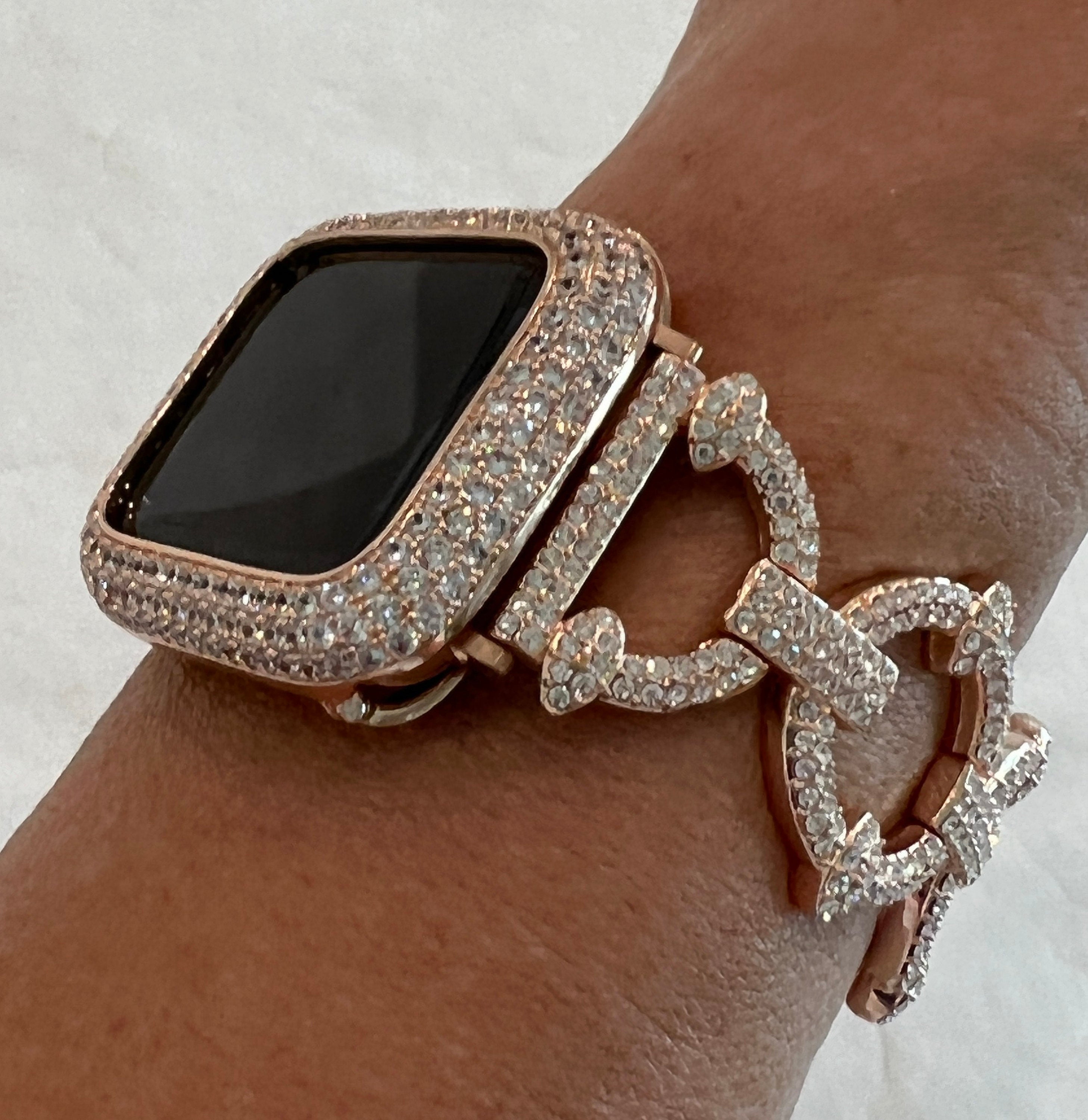 Designer Rose Gold Apple Watch Band Womens Style with Swarovski Crystals  & or Apple Watch Case Cover with Lab Diamonds set in 14K rose gold protective Bumper Bling from Iwatch Candy sizes 38mm-49mm Ultra