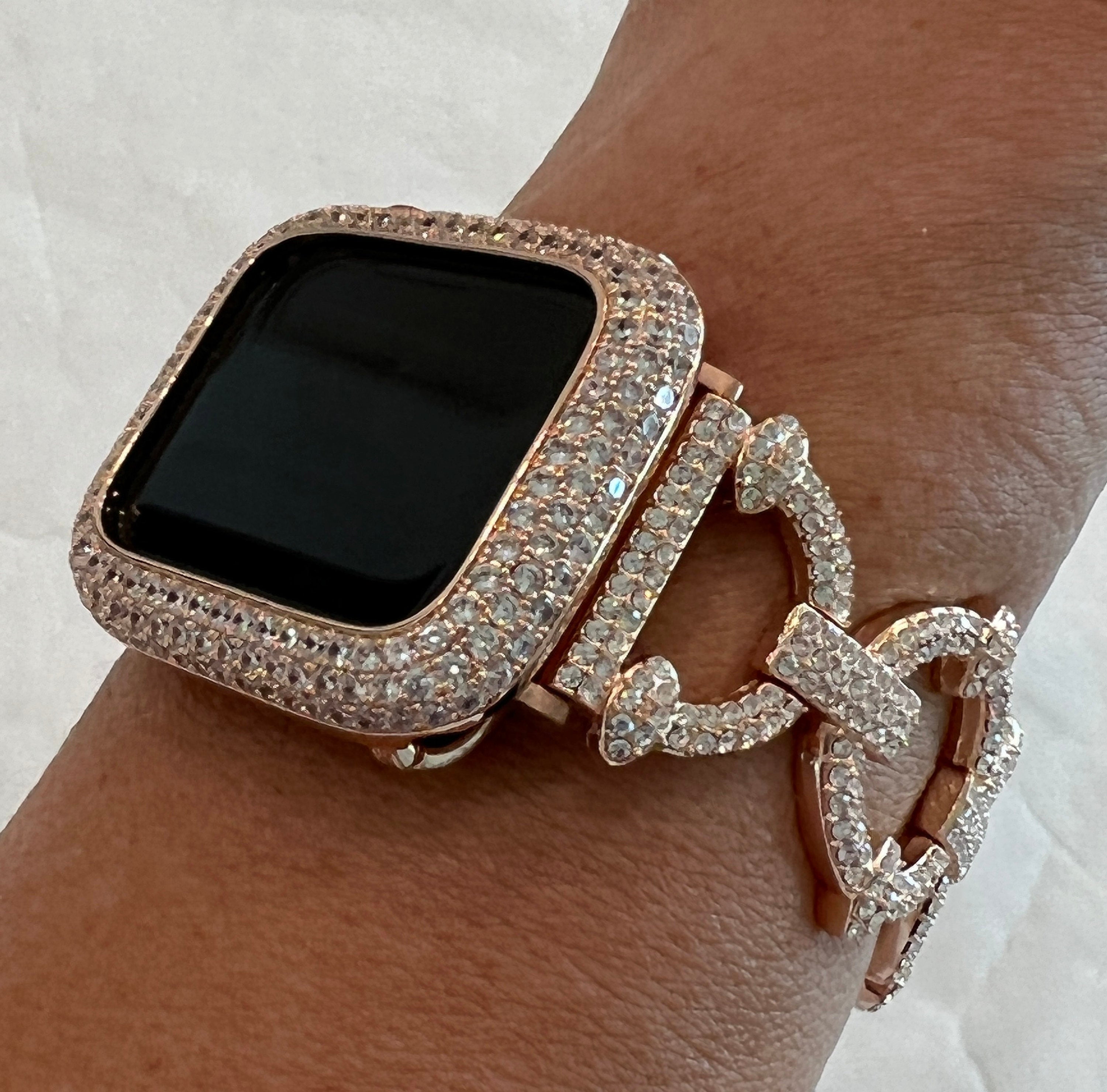 Designer Rose Gold Apple Watch Band Womens Style with Swarovski Crystals  & or Apple Watch Case Cover with Lab Diamonds Protective Bumper. Ultra 49mm by Iwatch Candy