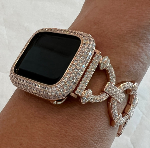 Designer Rose Gold Apple Watch Band Womens Style with Swarovski Crystals & or Apple Watch Case Cover with Lab Diamonds Protective Bumper. Ultra 49mm by Iwatch Candy