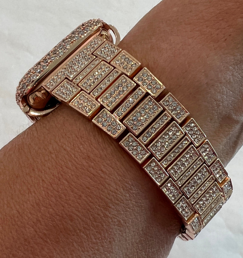 Apple Watch Band Rose Gold Swarovski Crystals & or Lab Diamond Bezel Cover Smartwatch Bumper Bling 38mm-45mm Series 1-8