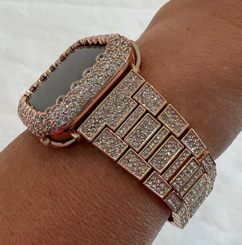 Apple Watch Band Rose Gold Swarovski Crystals & or Lab Diamond Bezel Cover Smartwatch Bumper Bling 38mm-45mm Series 1-8