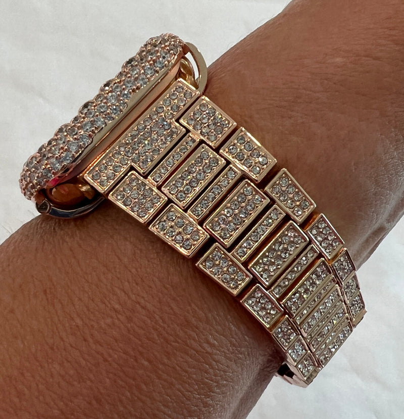 Apple Watch Band Rose Gold Swarovski Crystals & or Lab Diamond Bezel Cover Smartwatch Bumper Bling 38mm-45mm Series 1-8