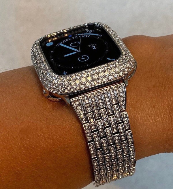 Series 1-8 Apple Watch Band 41mm 45mm Silver & or Apple Watch Cover Lab Diamond Bezel Bling 38mm-44mm