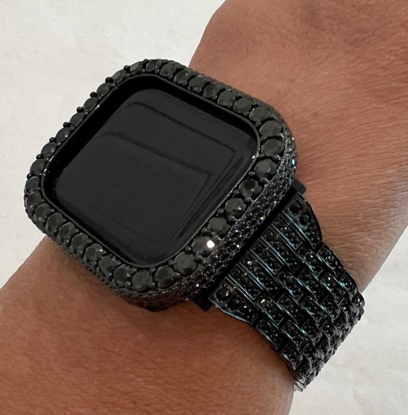 Black on Black Apple Watch Band 41mm 45mm Stainless Steel and or 3.5mm Lab Diamonds Bezel Cover Smartwatch Bling 38 40 42 44mm