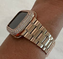 Apple Watch Band 41mm 44mm Rose Gold Stainless Steel Ultra Thin & or Lab Diamond Bezel Cover Bling for Smartwatch 38-45mm Series 1-8