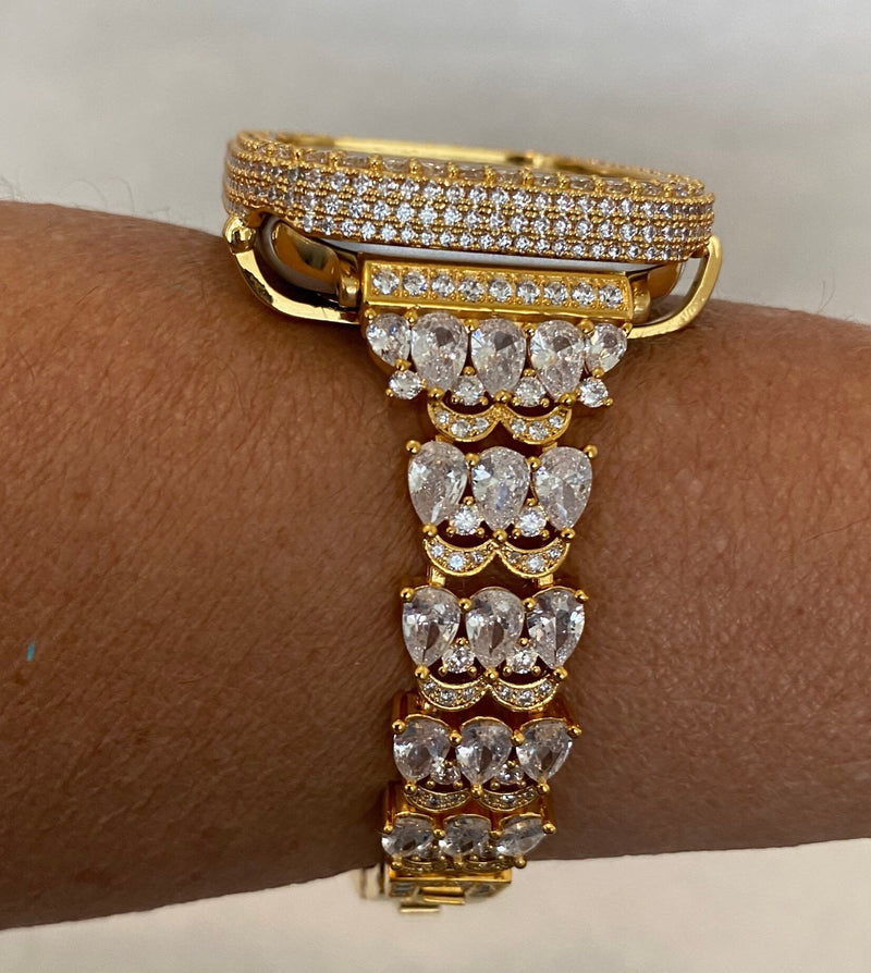 Gold Apple Watch Band Swarovski Crystals Series 1-8 & or Lab Diamond Bezel Bumper Cover Smartwatch Bumper Bling 38mm-45mm