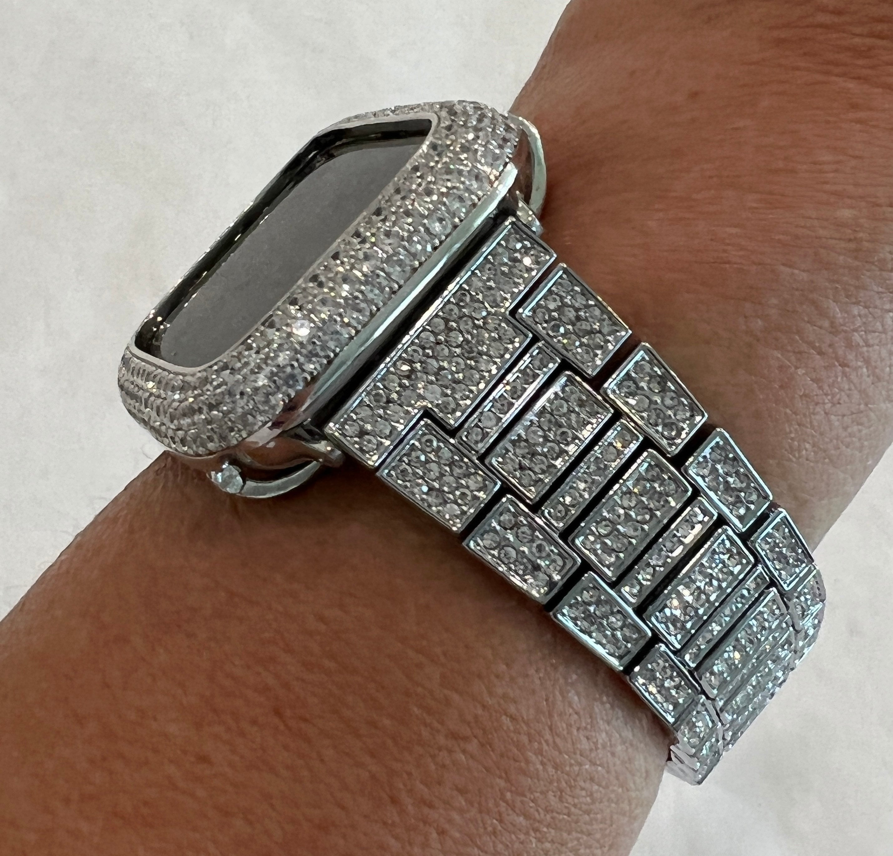 Pave Apple Watch Band Women 38 40 41 42 44 45 49mm Ultra Silver & or Apple Watch Cover Lab Diamond Bezel Apple Watch Case Bling Series 2-9