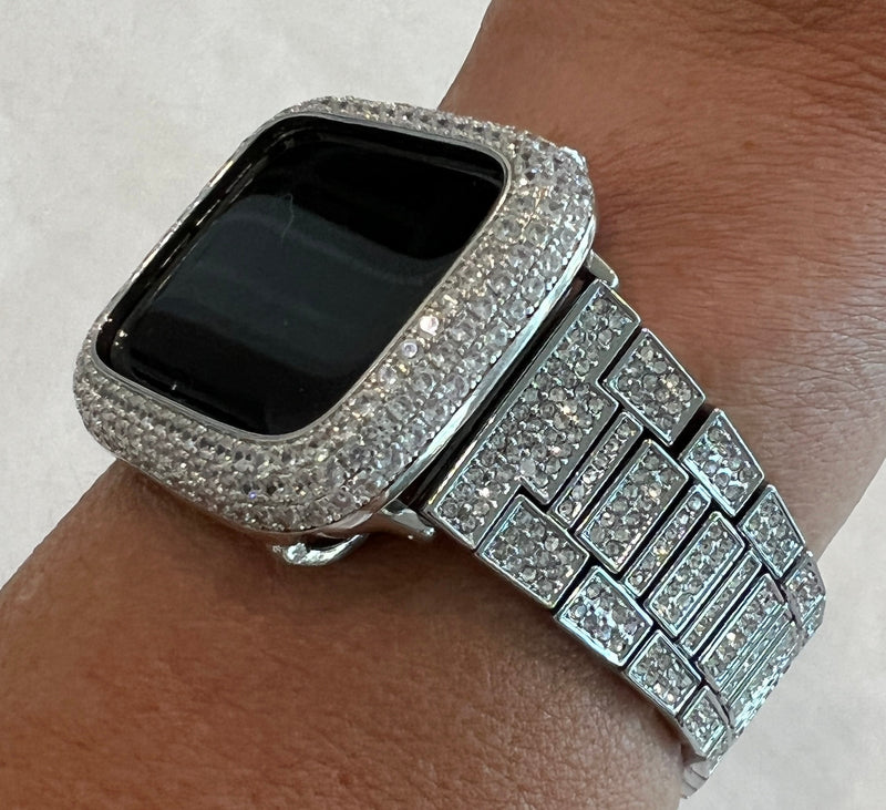 Iwatch Candy Pave Apple Watch Band Womens Mens Style sizes 38 40 41 42 44 45 49mm Ultra Silver & or Apple Watch Cover Lab Diamond Protective Bumper Bezel Smartwatch Case Bling Series 1-8 SE