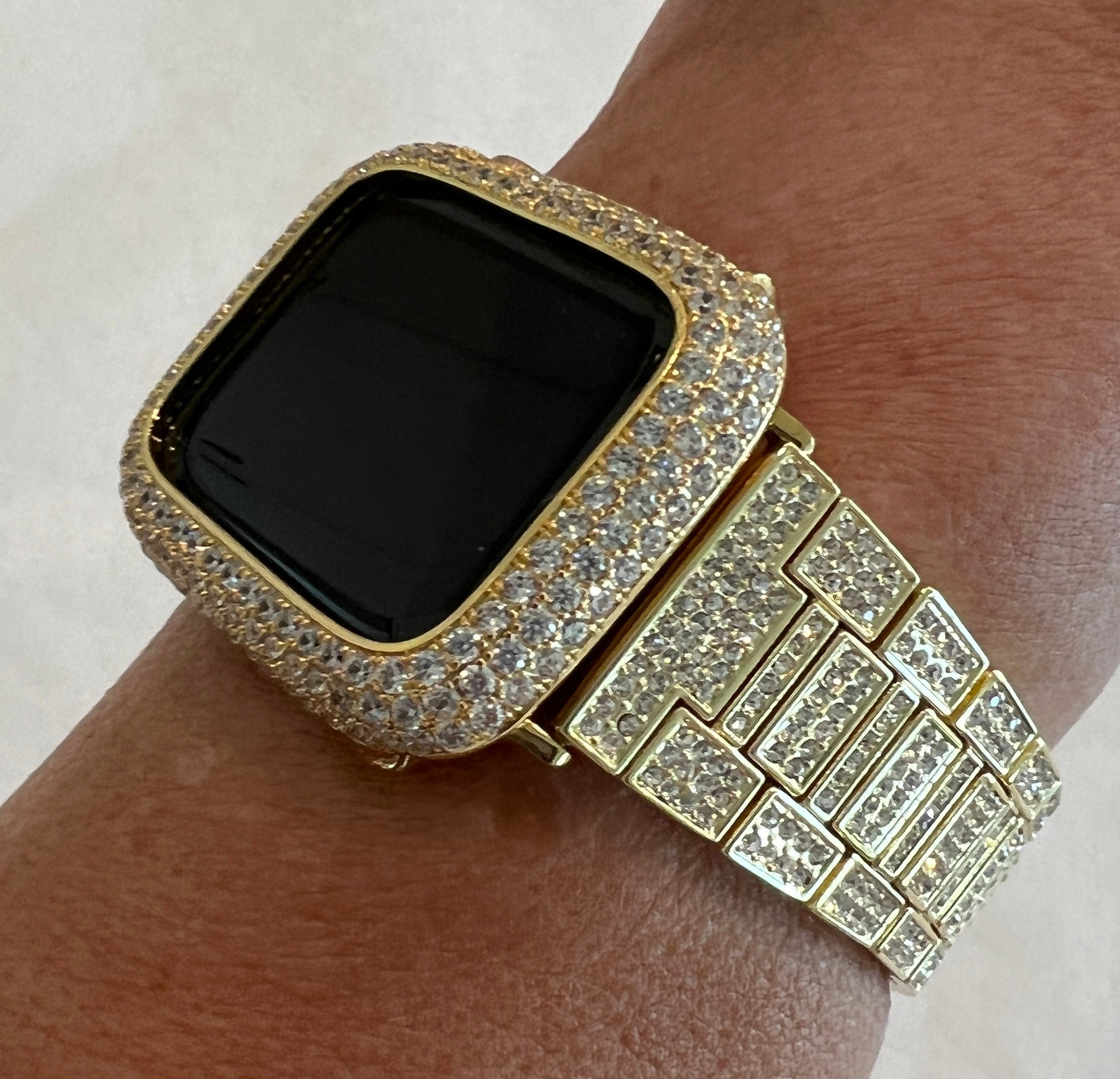 Pave Apple Watch Band Gold Crystals 38mm-49mm Ultra & or Apple Watch Cover Lab Diamond Bezel Apple Watch Case Iwatch Candy Bling