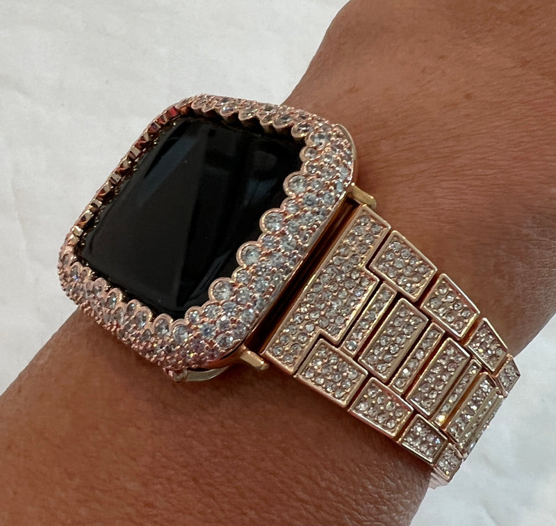 Apple Watch Band Rose Gold Swarovski Crystals & or Lab Diamond Bezel Cover Smartwatch Bumper Bling 38mm-45mm Series 1-8